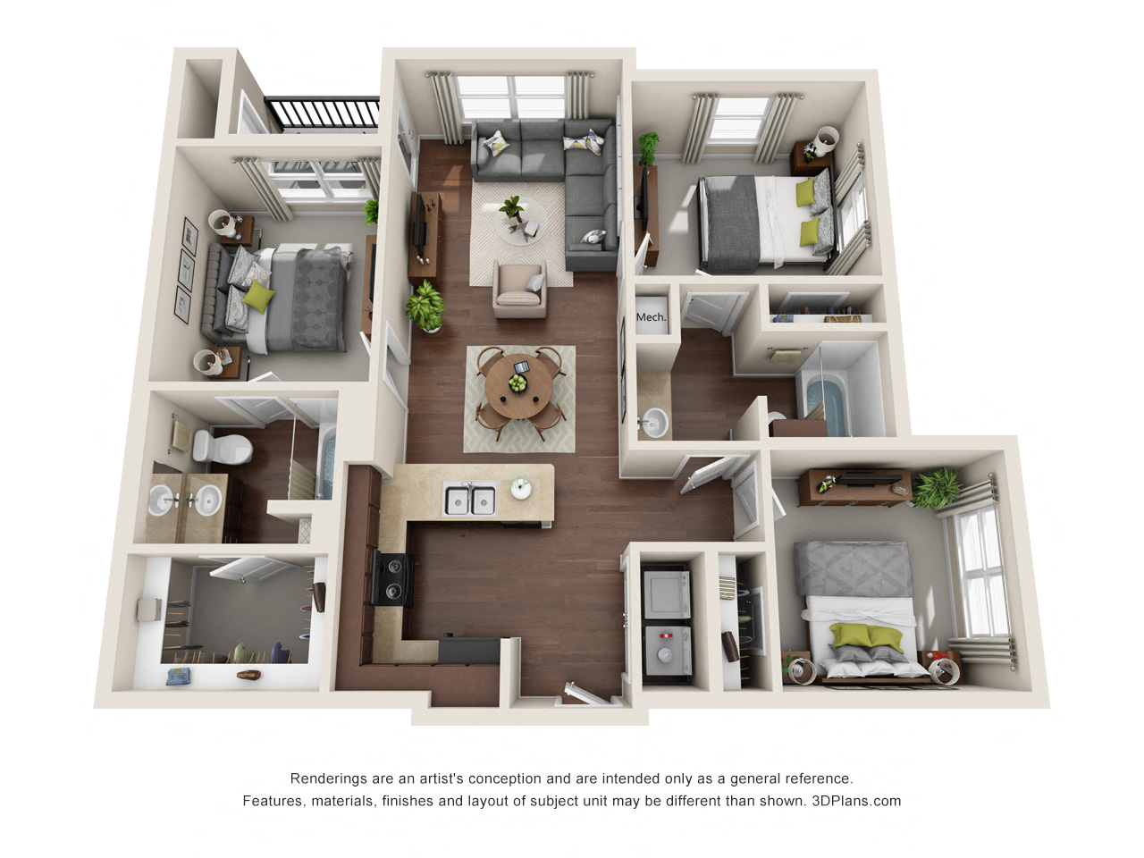 Floor plan for 3 beds, 2 baths, 1067 sqft